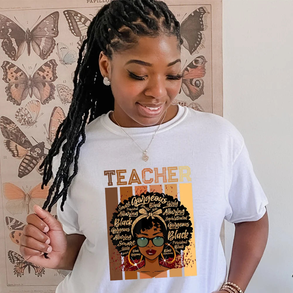 Hot Sale Afro Teacher DTF Print Transfers Black Teacher Iron on Decals for Clothes Heat Transfer Stickers Designs for T-shirts
