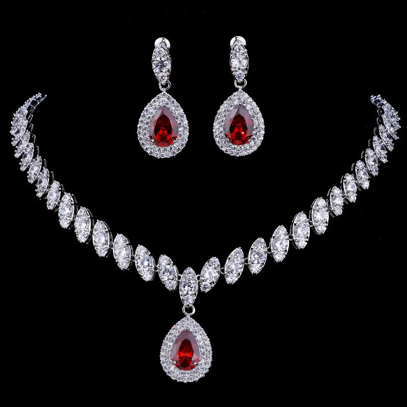 Luxury Platinum Plated Water Drop Earrings Necklace Bridal Jewelry Sets Women Red Green Blue White Zircon Insert Trendy Gift