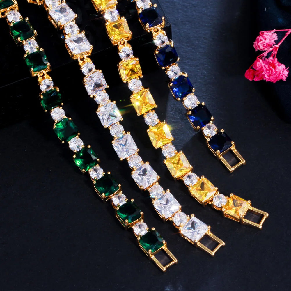 Elegant Design Green Blue Cubic Zircon Crystal 18k Yellow Gold Plated Women Engagement Party Bracelet Jewelry Femme