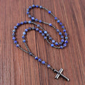 8mm Natural Lapis Lazuli With Hematite Cross Pendant Necklace Catholic Christ Mens Rosary Necklaces Jewelry Drop Shipping