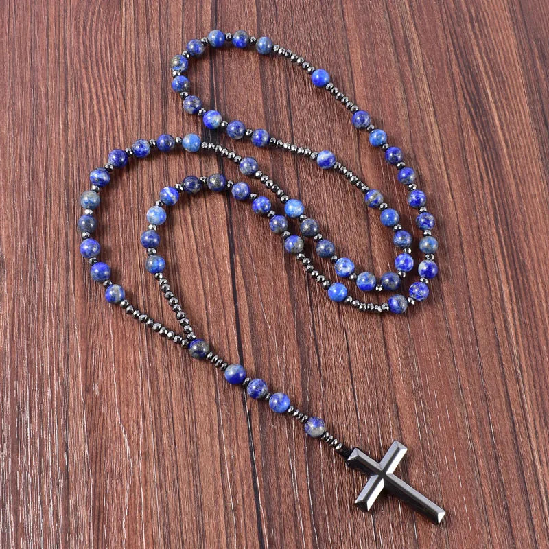 8mm Natural Lapis Lazuli With Hematite Cross Pendant Necklace Catholic Christ Mens Rosary Necklaces Jewelry Drop Shipping