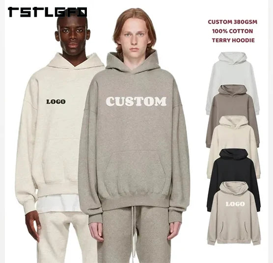 Wholesale Custom Men 380GSM 100% Cotton No String Embroidered Oversized Lined Unisex Winter Digital Printing Pullover Hoodies