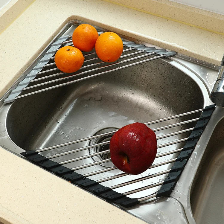 Kitchen Sink Stainless Steel Collapsible Drying Rack Triangular Drain Rack Standing Type for Dish Cups Vegetables Fruit Roll-up