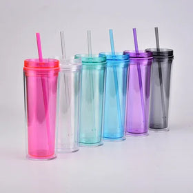 Wholesale Plastic Mug Blank BPA Free Double Wall Acrylic Clear Skinny Tumblers Classic 16oz Acrylic Tumbler Cups with Straw