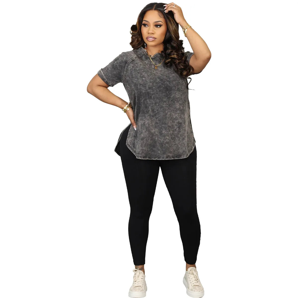 2026 New Design Women Tie-Dye Print Short Sleeve Irregularity T-Shirt Solid Color Joggers Pants Two Piece Pants Set