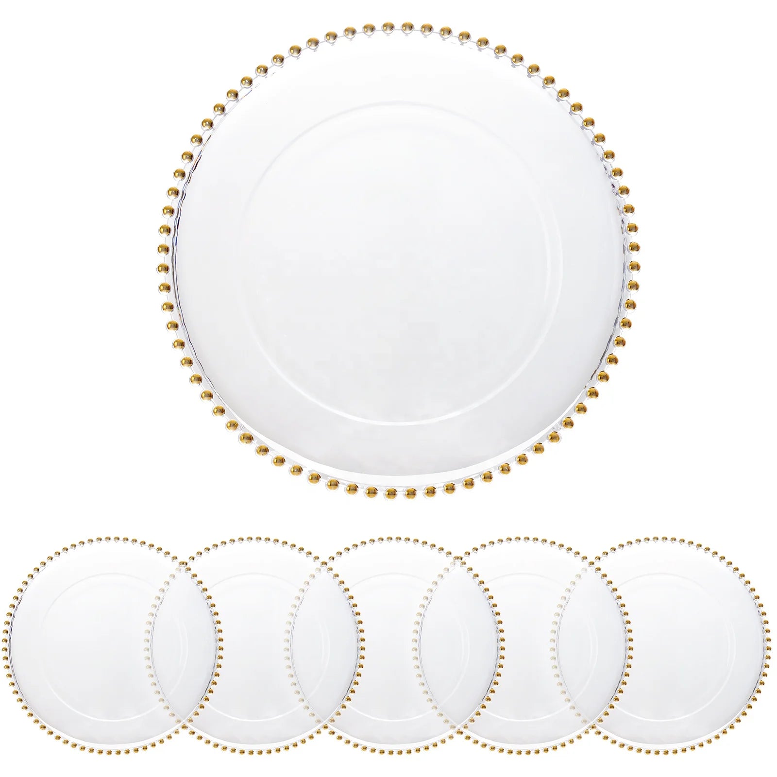 Eco-Friendly Golden Beads Decorative Round Charger Plates with Gold Rim New Year Wedding Use Plastic Underplates MOQ 100pcs