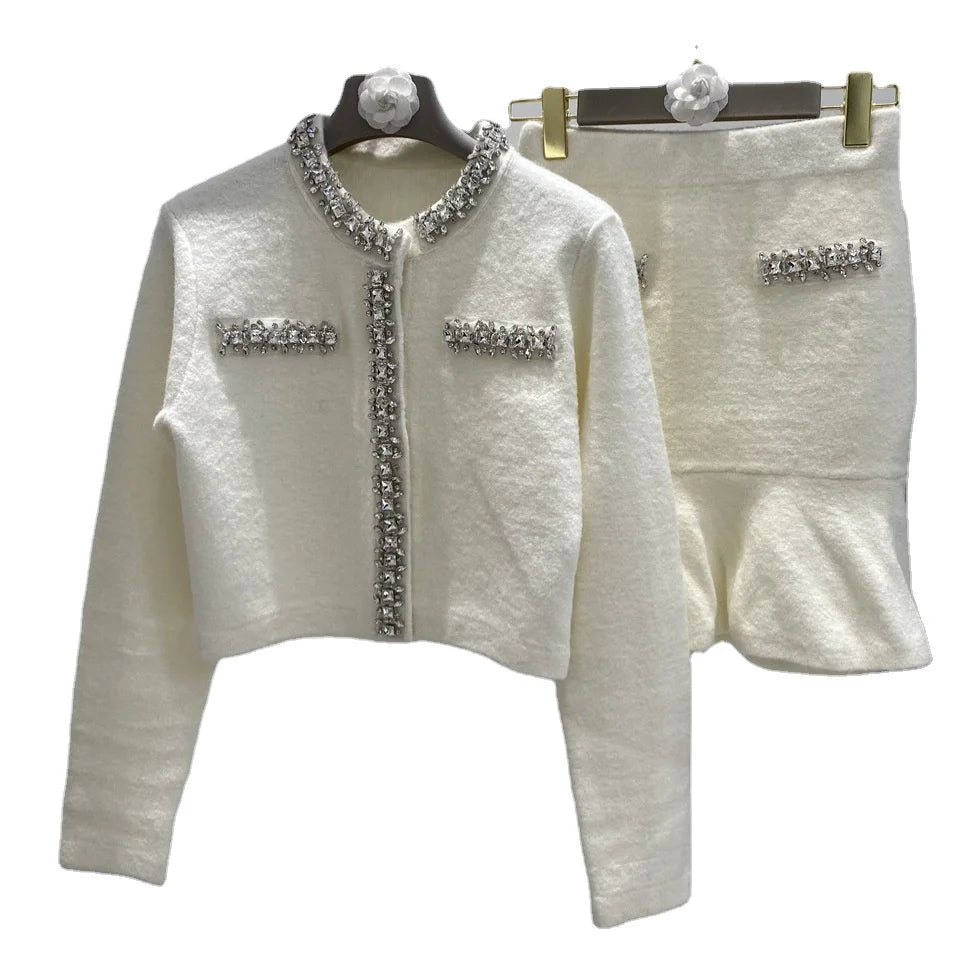 2025 New Arrival Autumn Collection Elegant Beaded Knitted Cardigan With Mini Skirt Women Sets Two Piece Outfit Two Piece Sets