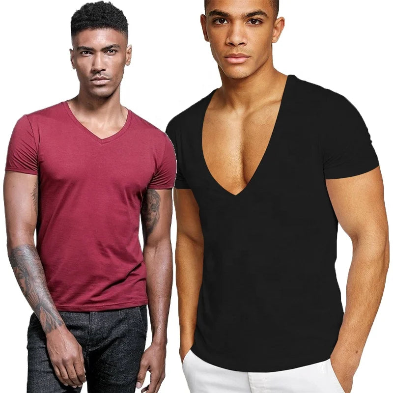 Mens Deep V Neck T Shirts Moisture Wicking Undershirt Quick Dry Athletic Tees Muscle Tank Top Short Sleeve Shirt
