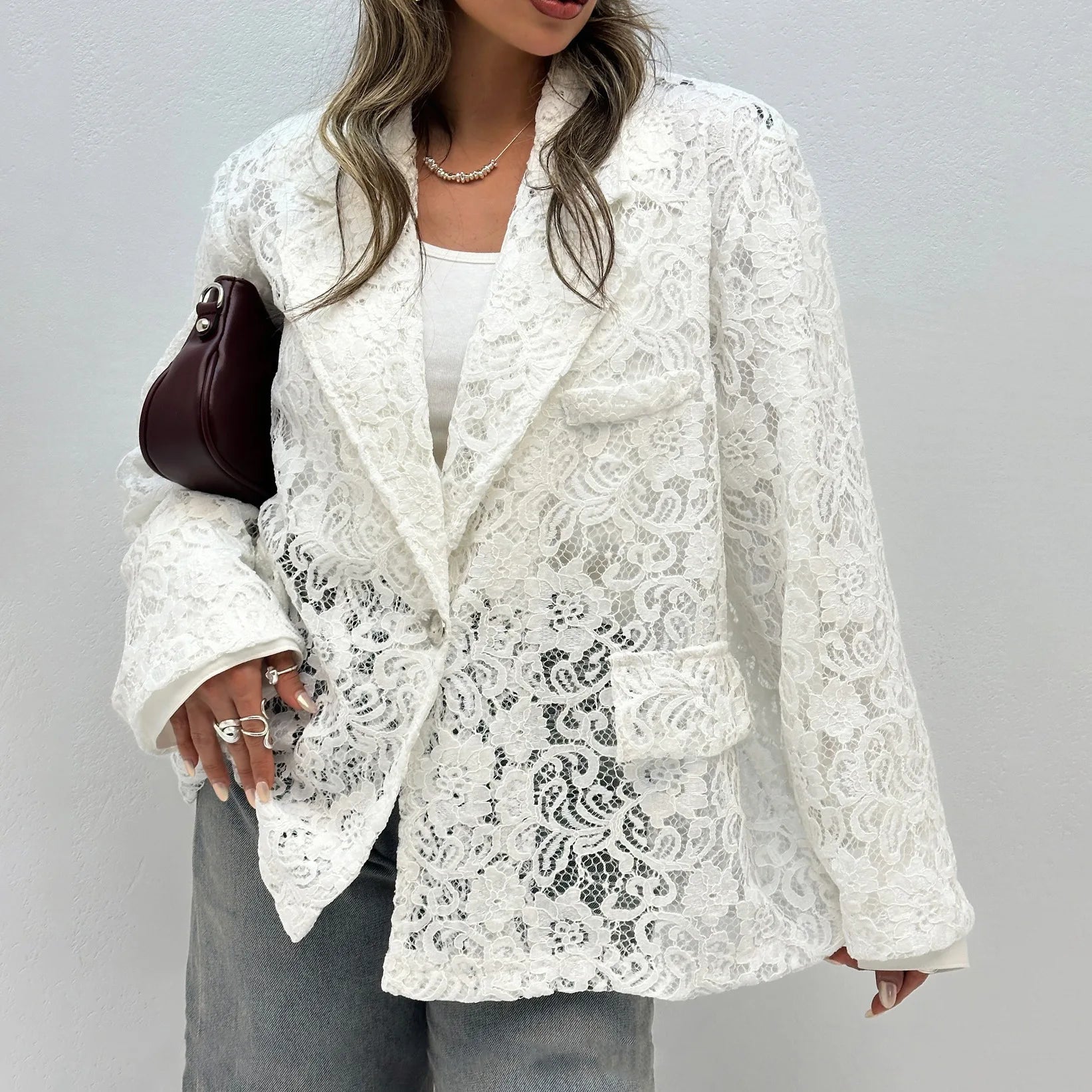 Elegant Suit Collar Design Rich Layers of Lace Pattern Coat Hollowed-out Floral Pattern Long Sleeve Coat