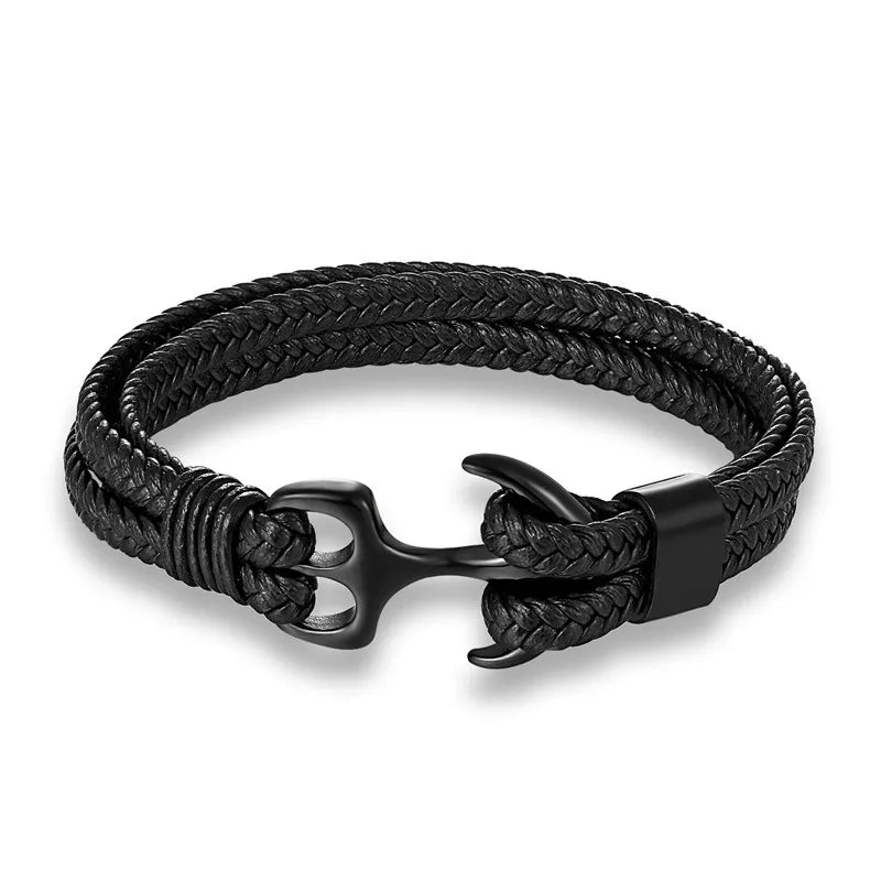 Black Handmade Knitted Bracelet Layered Cowhide Leather Wrap Bracelet Titanium Steel Boat Anchor Cuff Bracelet for Men