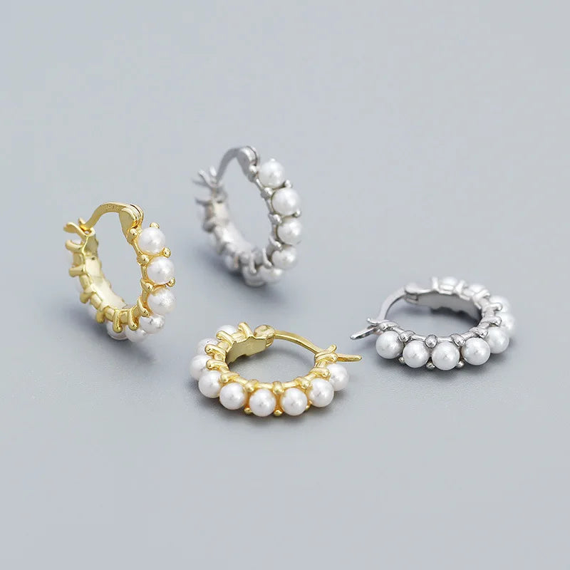 Luxury Fashion Gold Plated Geometric Imitated Pearl Earring 925 Sterling Silver Hoop Buckle Earring Women