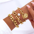 Minimalist Vintage Artificial Pearl Geometric Love Heart Cuban Chain Pearl Bracelet Set for Women Pulseras Hand Jewelry Gift