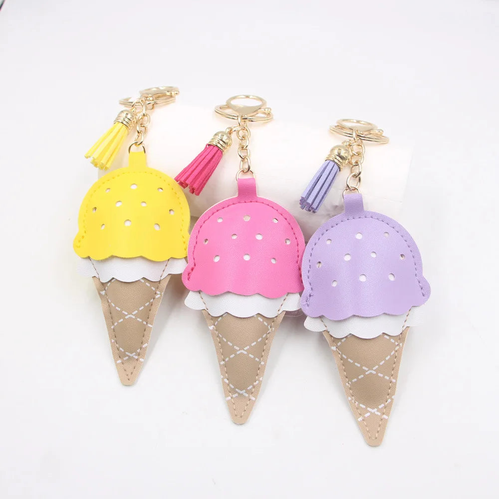 Wholesale Lovely Ice Cream Keyring Bag Purse Key Chain Ring PU Leather Ball Pendant Keychain Keychain