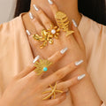 Waterproof Stainless Steel Large Flower/Fishbone Rings for Women Trendy Lady Finger Ring Female Hand Accessories Fashion Jewelry