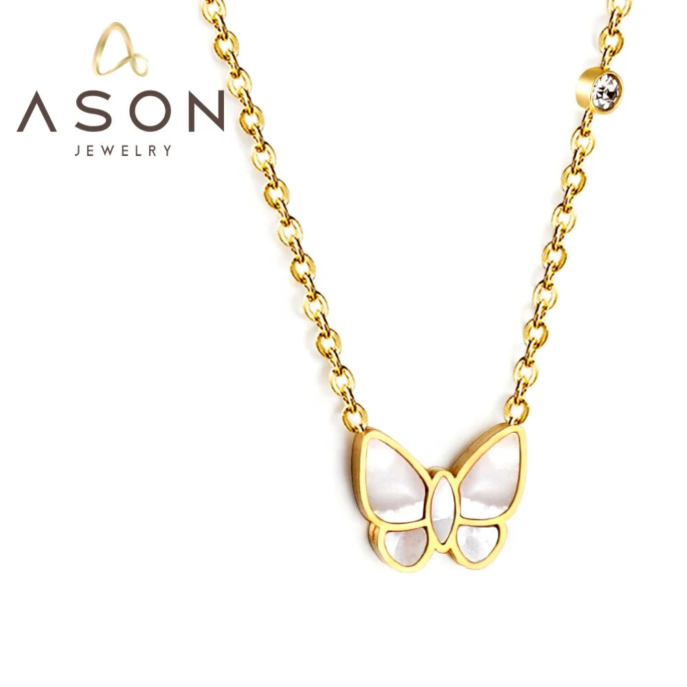 Ason Hypoallergenic Stainless Steel 18k Gold Plated Girlfriend Gift Necklace Butterfly White Shell Zircon Pendant Necklace