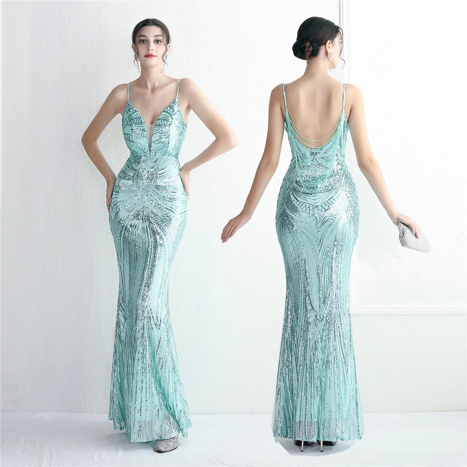 19362# Long Banquet Slim-fit Evening Temperament Excellent Positioning Flower Nail Beads New Halter Party Glitter Dress