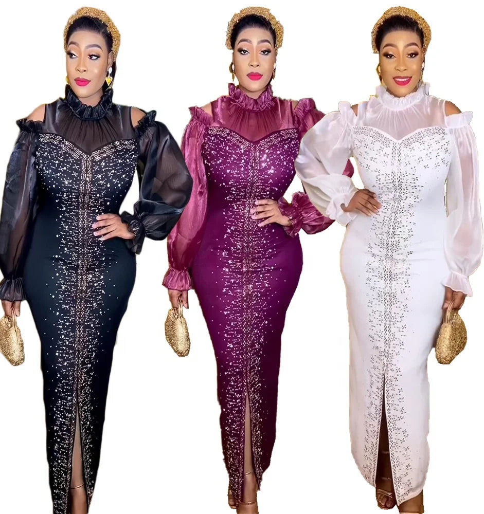 Popular Design African American Dress Mesh Dress Modern African Clothes Rhinestone Nigerian Dresses Women Elegant African
