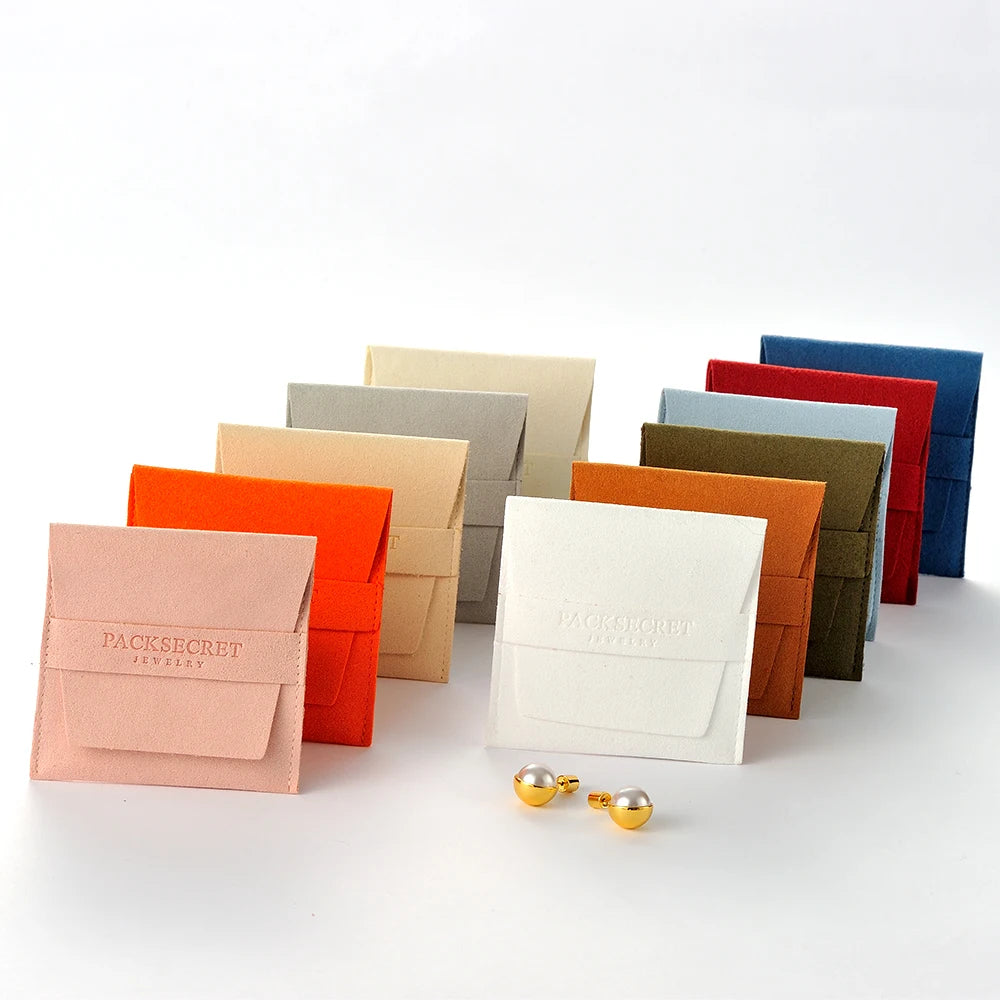 Custom Logo Printed 8*8cm Small Jewellery Pouch Jewelry Display Bracelet Packaging Suede Envelope Microfiber Jewellery Pouch Bag