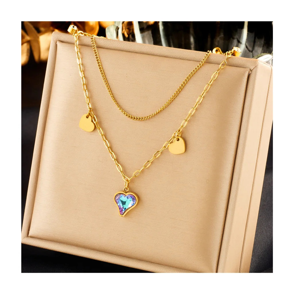 Trendy Tarnish Free 18k Gold Plated Stainless Steel Crystal Heart Pendant Fashion Jewelry Necklaces for Women