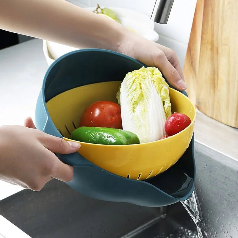 Kitchen Washing Basket Household Multifunctional Round Basin Fruit Basket Plastic Double-layer Vegetable Washing Draining Basket