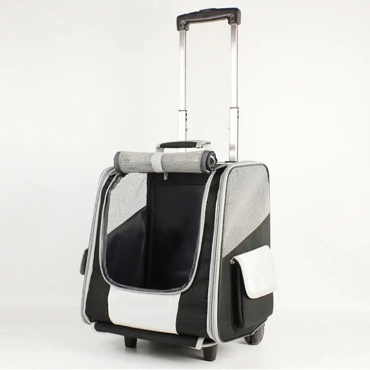Luxury Oxford Leather Polyester Print Eco-Friendly Pet Rolling Carrier Backpack Zipper Closure Metal Wheels Breathable Comfort