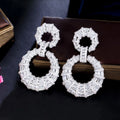 White Gold Plated Chunky Long Big Round Shaped Dangle Bridal Earrings for Women Luxury CZ Crystal Wedding Jewelry Accessories