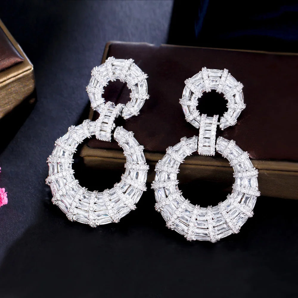White Gold Plated Chunky Long Big Round Shaped Dangle Bridal Earrings for Women Luxury CZ Crystal Wedding Jewelry Accessories