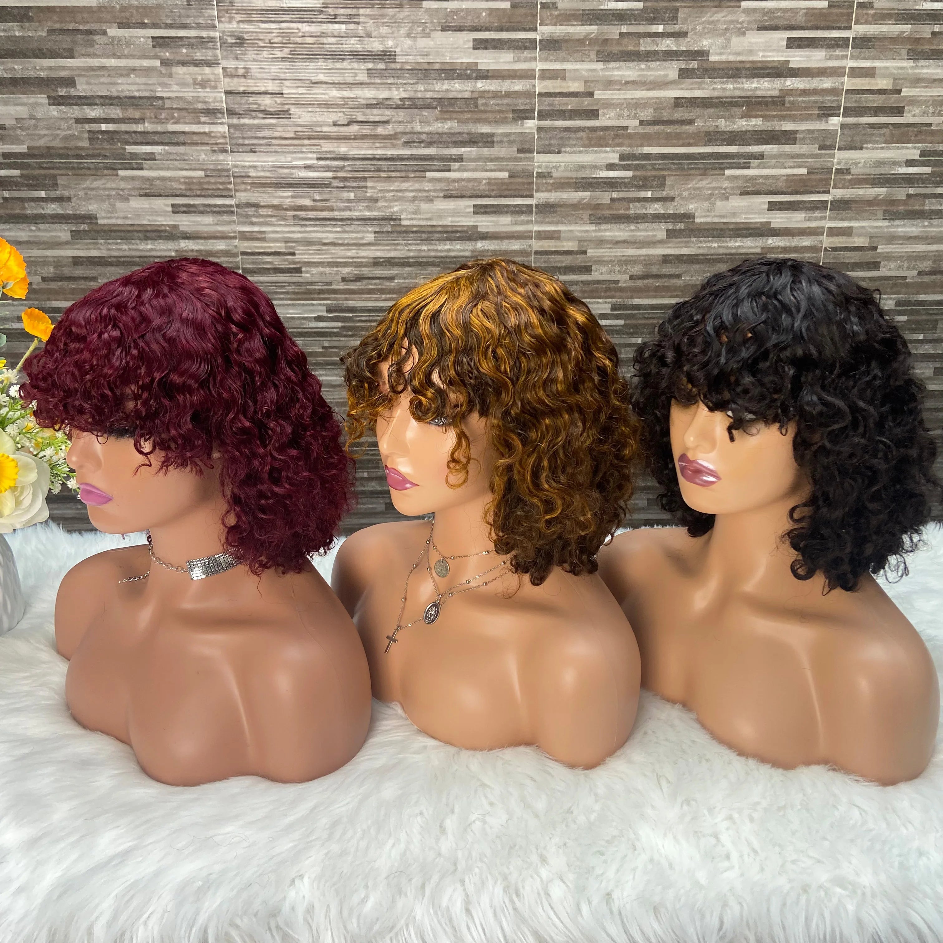 Water Wave Machine Made bob WigBrazilian Remy Hair 100% Human Hair WigNatural Color Short Water Wave Bob With Bangs Wigs