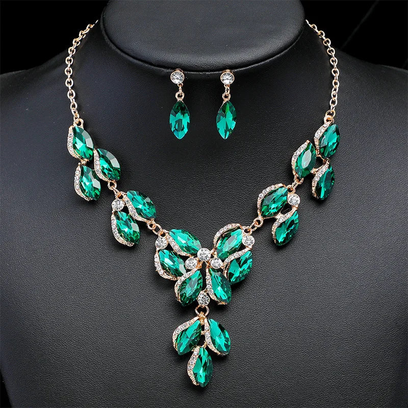New Design Exaggerated Jewelry Sets Girls Women Red Green Gem Crystal Rhinestone Necklace Earrings Sets