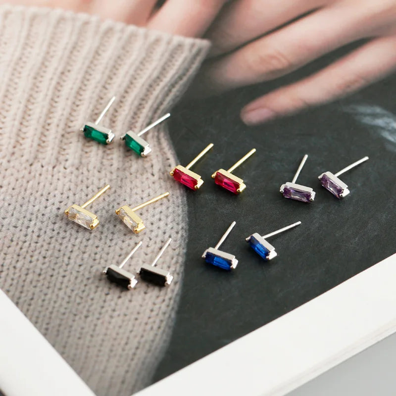 Lady Minimalist 925 Sterling Silver Small Stud Earrings Square Cut Zircon Gold Plated for Parties and Anniversaries