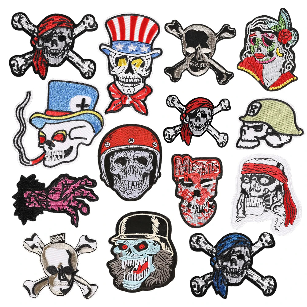 Custom Horror Punk Style Iron on Embroidery Skull Skeleton Bone Patches for Clothing