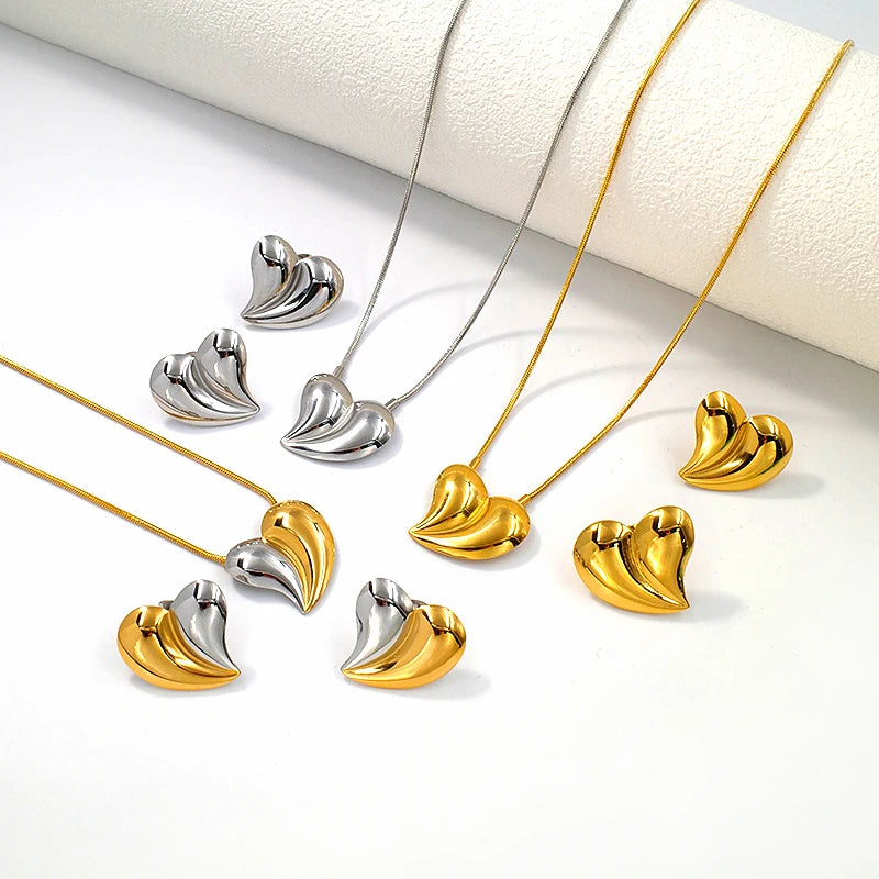Italian Fashion Custom Stainless Steel Jewelry Wholesale Tarnish Free Gold Plated Snake Chain Heart Necklace Earrings Women SET