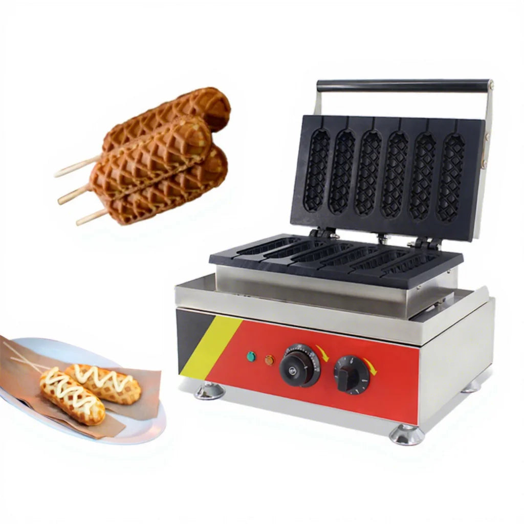 6 Piece Commercial Electric Dog Waffle Maker Non-Stick French Muffin Sausage Machine for Household Hotels Crispy Corn Spanish