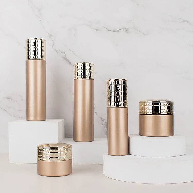 2024 Rose Gold Fancy Empty Cosmetic Glass Cream Bottle with Plastic Cap for Face Cream Eye Shadow Skin Care & Essential Oils