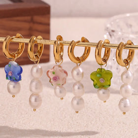 Fashion Asymmetric Freshwater Pearl Flower Earrings Simple Trendy Waterproof Stainless Steel Pearl Earrings Jewelry Party Gift
