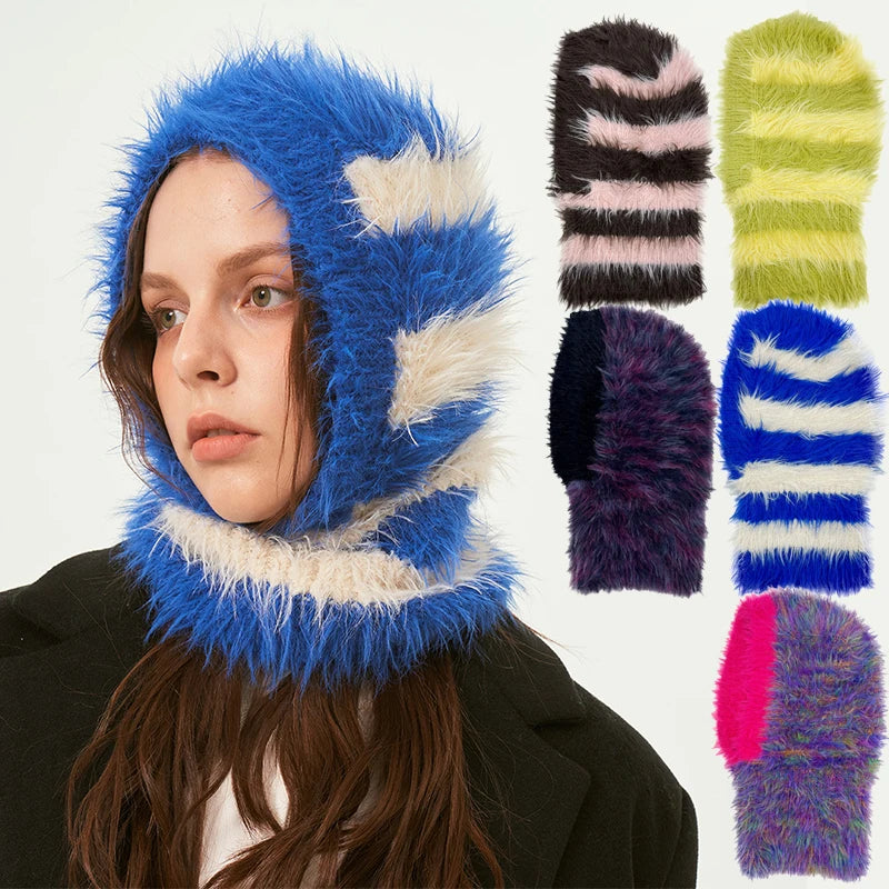 Winter Skimask Fuzzy Fur Furry Grassy Knit Full Face Cover Striped Ski Mask Distressed Hooded Balaclava