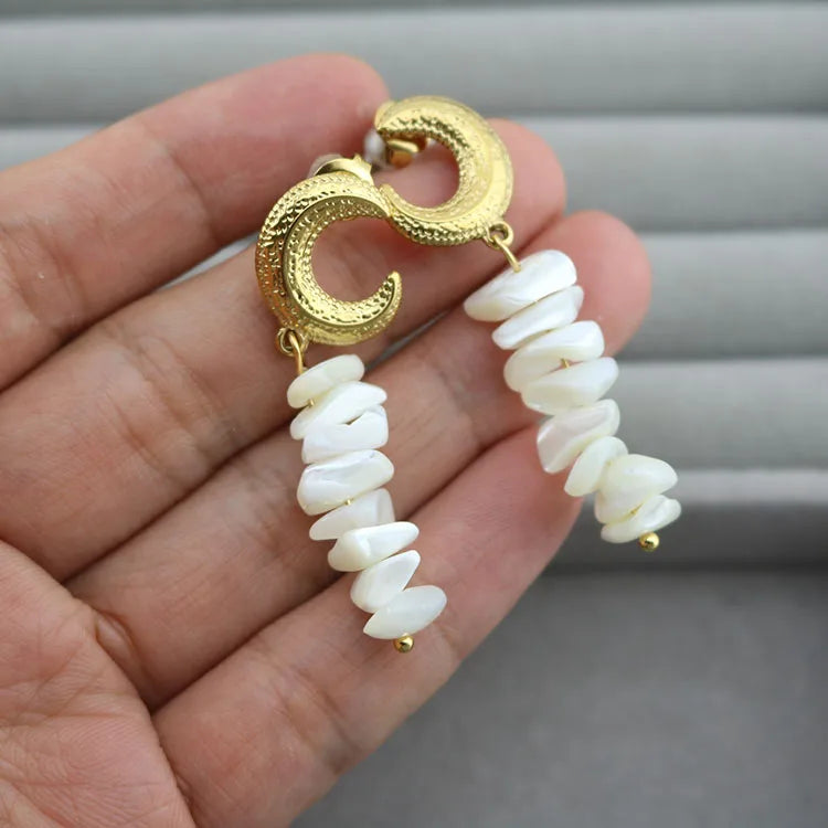 ES1225 Gold Plated Stainless Steel Shell Pearl Chips Beaded Dangle Charm Crescent Moon Studs Earrings
