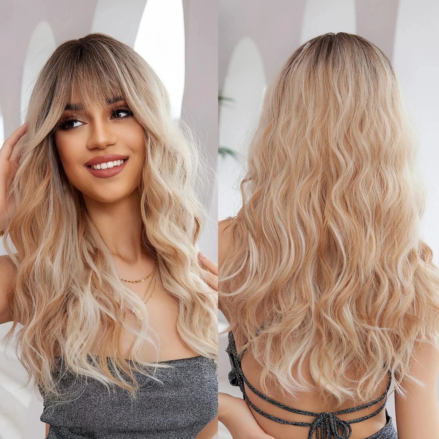 Long Wavy Wigs With Bangs Synthetic Ombre Brown Blonde Wig Cosplay Party Use Heat Resistant Fiber for Women