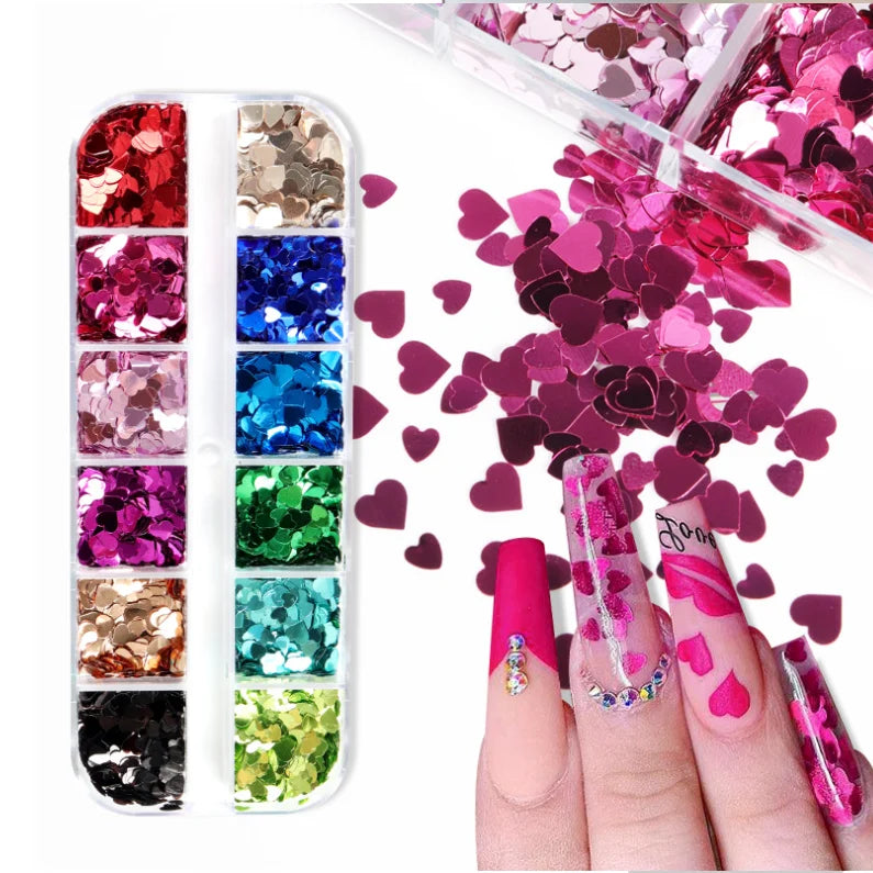 BIN NEW 12 Grids Red Love Heart Nail Art Sequins Valentine's Day Heart Shape Glitter Flakes Nail Supplies Decoration