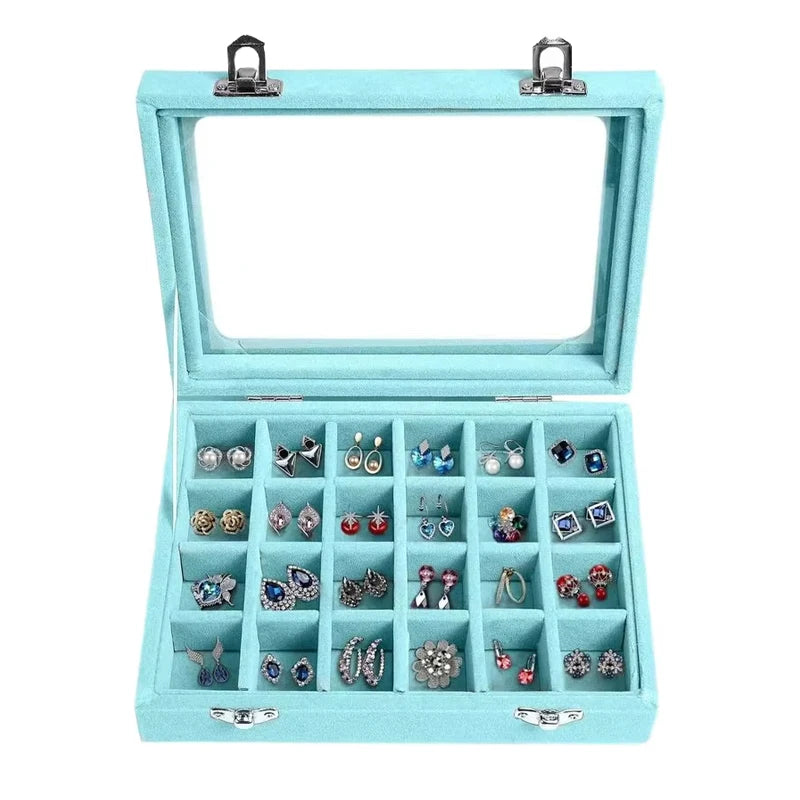High Capacity Velvet Jewelry Packaging 24 Slots Ring Earring Storage Organizer With Glass Window