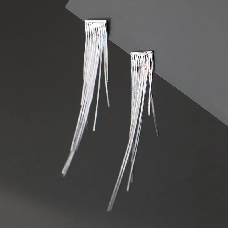 Fine Jewelry 925 Sterling Silver Geometric Long Snake Chain Tassel Earrings for Women Gifts