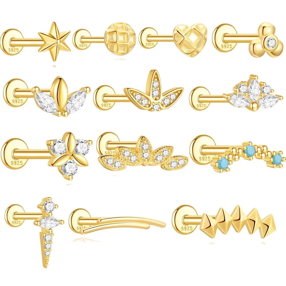 18K Gold Plated & 925 Sterling Silver Geometric Horse Eye Stud Earrings Zirconia  Screw Thread Trendy Piercing Jewelry