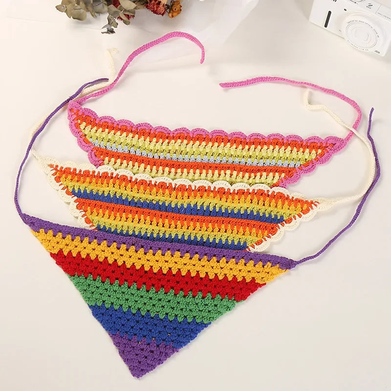 Vintage Sweet Y2K Rainbow Color Crochet Headband Adjustable Hair Scarf Knitted Headwrap Bandanas Turban
