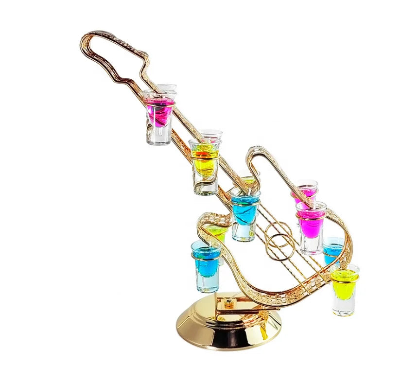 LED Lighted Metal Shot Glass Guitar Shape Tray Display Stand