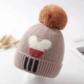 Wholesale Girls Pom Pom Jacquard Cuff Winter Hats Kids Wool Acrylic Ski Plain Windproof Satin Lined Pom Pom Striped Beanie Caps