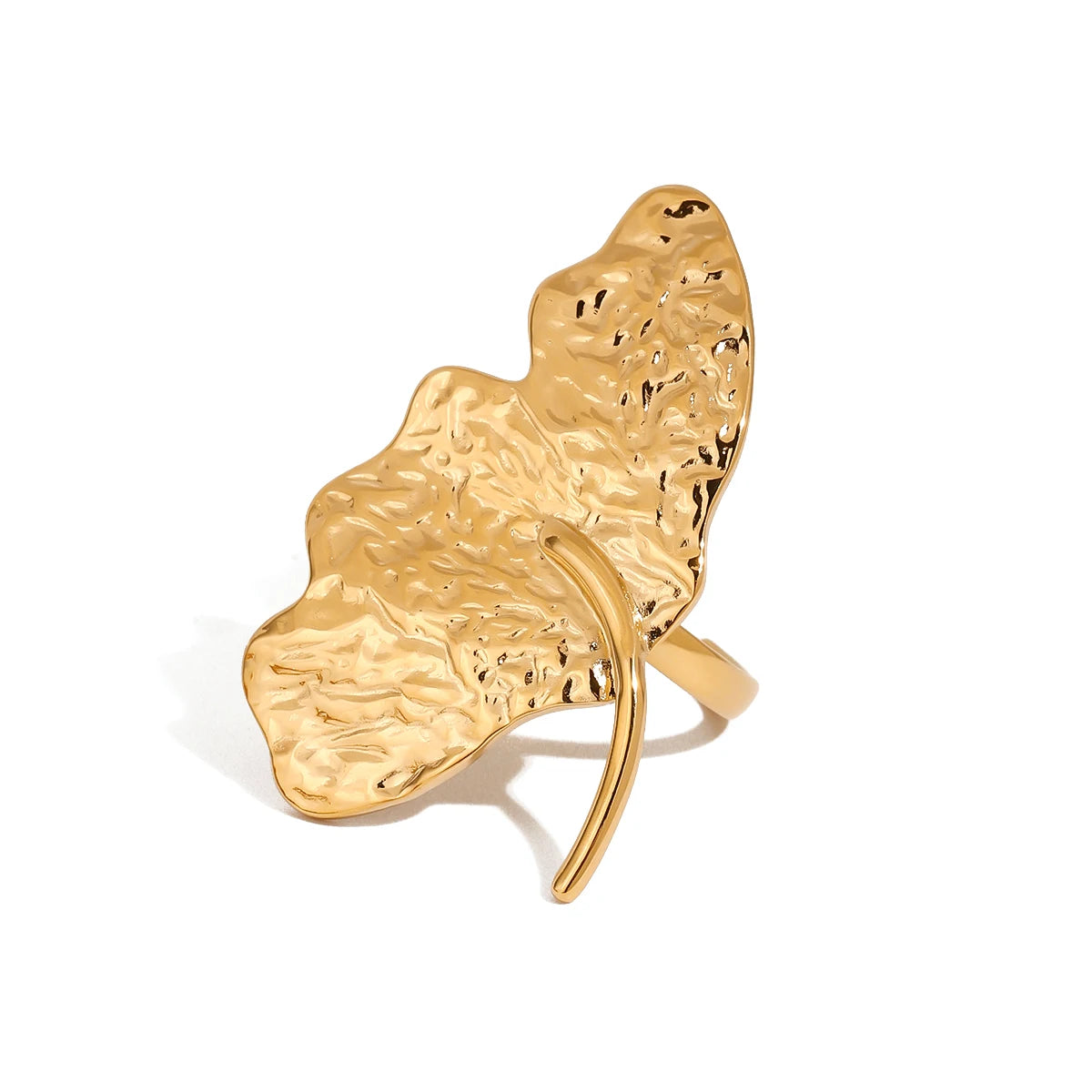 J&D Summer Holiday Design 18K Gold Stainless Steel Hammered Ginkgo Leaf Adjustable Open Rings