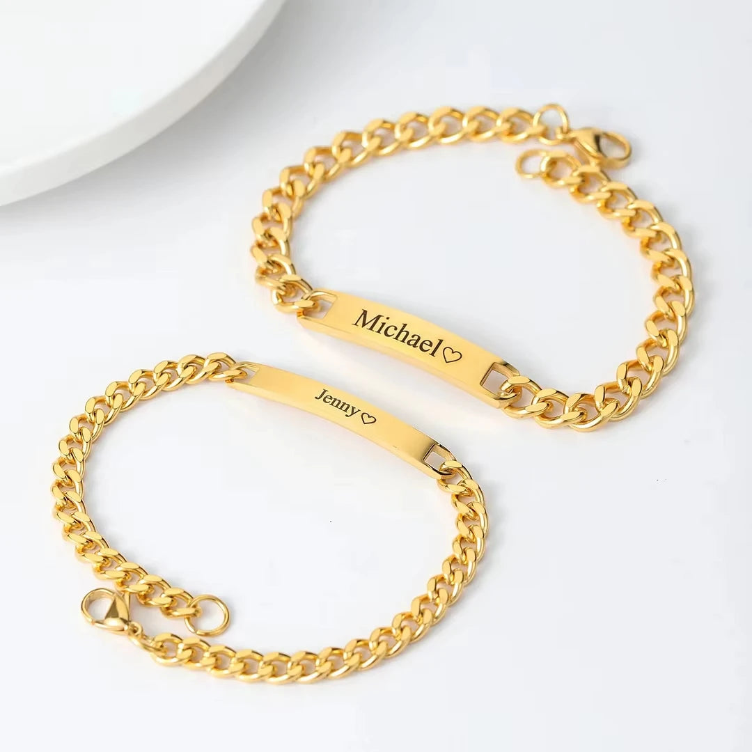 Duoying 2pcs Stainless Steel Engraved Name Bracelet Personalized Couple Bracelets for Anniversary Gift