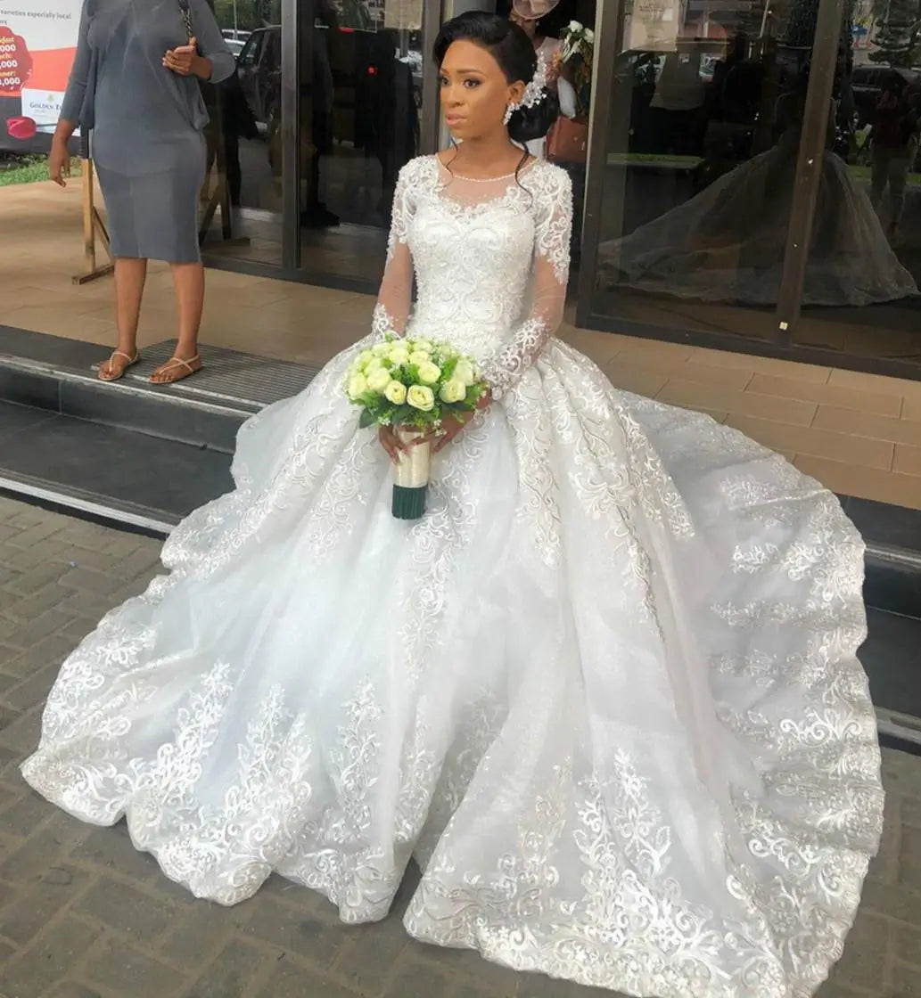 Sheer Neck Arabic Aso Ebi Lace Beaded Luxurious Wedding Dresses Long Sleeves  Bridal Dresses Vintage Wedding Gowns