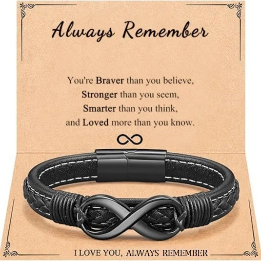 Wholesale Fashion Stainless Steel 8-shaped Charm Bracelet Hand Woven Men's Wristband Fashion Black Leather Bracelet Party Gift