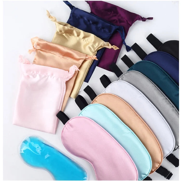 MIO Private Label Soft Eye Mask Set Polyester Satin Sleep Travel Eyemask With Pouch Kit Silk Sleepmask